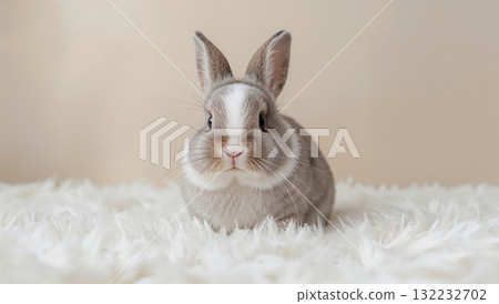 A small rabbit is sitting on a white blanket 132232702