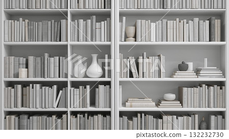 A white bookshelf with many books and a vase on the top shelf 132232730