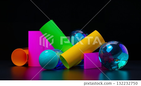 A colorful assortment of balls and cubes are arranged on a black background 132232750