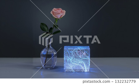 A vase with a pink rose in it sits on a table next to a blue cube A vase with a pink rose in it sits on a table next to a blue cube 132232779