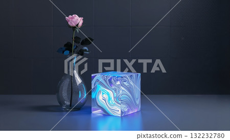 A vase with a pink rose and a cube with a blue light on it 132232780
