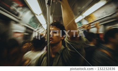 Crowded Subway Car With Motion Blur And Focused Passenger In Urban Transit 132232836