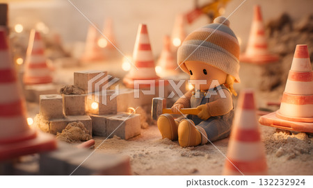 Child Figure in Beanie and Overalls Holding Hammer in Stylized Construction Scene with Traffic Cones and Glowing Blocks Child Figure in Beanie and Overalls Holding Hammer in Stylized Construction Scene with Traffic Cones and Glowing Blocks 132232924