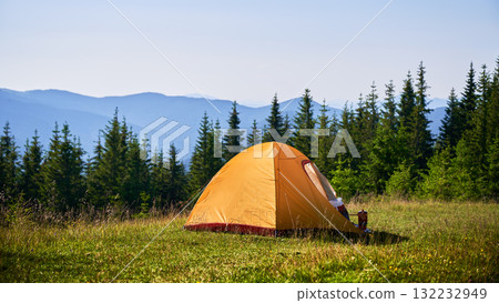 Bright orange tourist tent on grassy hillside, surrounded by lush green pine trees. Breathtaking view of distant blue mountains under clear sky, creating idyllic and serene camping spot. Bright orange tourist tent on grassy hillside, surrounded by lush green pine trees. Breathtaking view of distant blue mountains under clear sky, creating idyllic and serene camping spot. 132232949