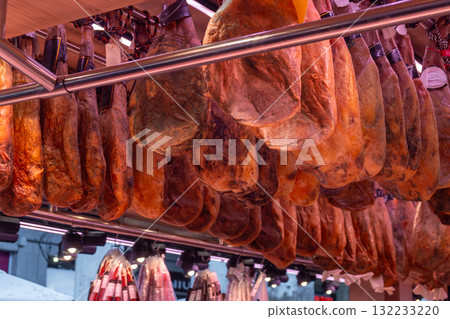 Traditional hamon shop in Central Market of Barcelona, traditional food Traditional hamon shop in Central Market of Barcelona, traditional food 132233220