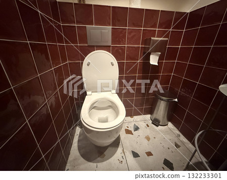 Toilet and hygiene accessories in tiled restroom. Cleanliness, comfort, and functional organization of modern sanitary interior. Toilet and hygiene accessories in tiled restroom. Cleanliness, comfort, and functional organization of modern sanitary interior. 132233301