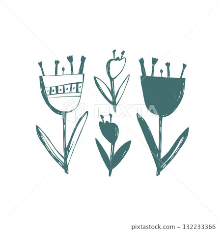 Hand drawn scandinavian flowers with simple stems and petals in rustic minimal style for home decor and packaging design 132233366