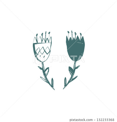 Scandinavian minimalist floral duo with hand drawn tulip shapes for modern decor print and creative surface design Scandinavian minimalist floral duo with hand drawn tulip shapes for modern decor print and creative surface design 132233368