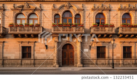 Ornate Historic Building Facade With Flower Boxes - Generative Ai Ornate Historic Building Facade With Flower Boxes - Generative Ai 132233451