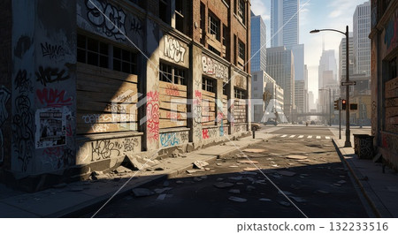 Abandoned Urban Street With Graffiti and Skyscrapers - Generative Ai 132233516