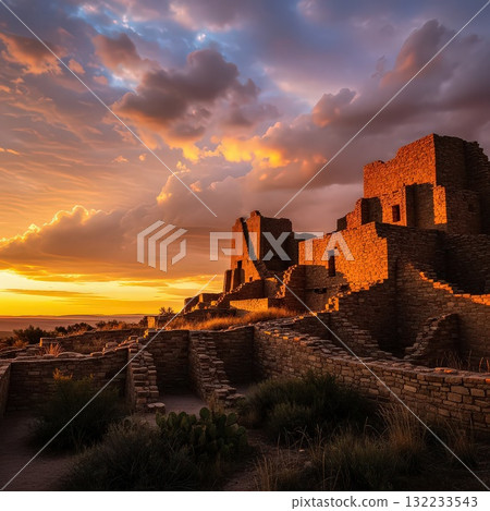 Sunset Over Ancient Ruins With Dramatic Clouds - Ai Generative 132233543