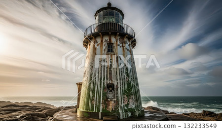 Weathered Lighthouse on Rocky Coast at Sunset - Generative Ai Weathered Lighthouse on Rocky Coast at Sunset - Generative Ai 132233549