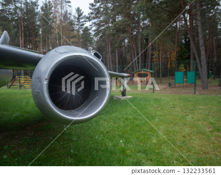 museum exhibit of turbine, closeup of jet engine in exhibit, detailed view of aircraft turbine in museum setting, museum display showcasing jet engine and turbine with historical context 132233561