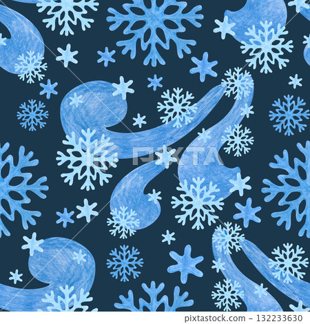 A stylized snowstorm with snowflakes swirling in the wind is hand-drawn. Seamless dynamic pattern of a snowstorm on a dark blue background. Drawing with colored pencils. 132233630