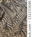Deep tire tracks in wet muddy ground at construction site showing heavy machinery texture pattern 132233686