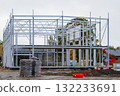 Steel frame structure under construction at modern industrial development site 132233691