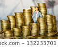 Miniature businessman among stacks of gold coins symbolizing wealth, finance, success and investment 132233701