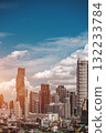 panorama of Bangkok city skyline with tall skyscrapers, scenic cityscape of bustling Thailand metropolis and stunning sunset view 132233784