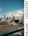 red wine on terrace with Bangkok city skyline at sunset, cocktail on rooftop, vibrant cityscape and luxury panorama view 132233787