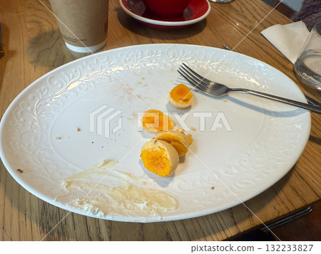 Empty breakfast plate with leftover boiled eggs and fork. Minimalism, routine, and everyday simplicity in cafe dining moment. 132233827