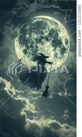 A Halloween witch is flying through the sky above a full moon. The scene has a spooky and playful mood A Halloween witch is flying through the sky above a full moon. The scene has a spooky and playful mood 132233885