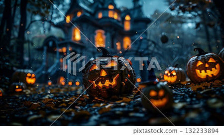 A group of pumpkins are lit up and placed on the ground in front of a house. Scene is spooky and festive, as the pumpkins are associated with Halloween 132233894