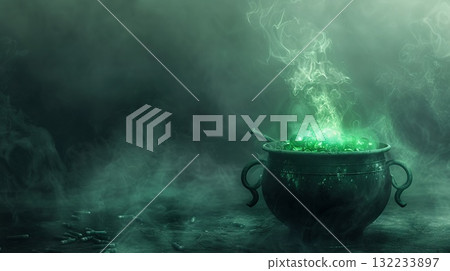 A green cauldron with smoke coming out of it. Halloween scene is mysterious and eerie 132233897
