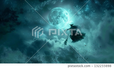 A Halloween witch is flying on a broomstick over a full moon. The image evoking a sense of magic. 132233898