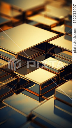 A close up of a gold and blue cube with a black border. The cube is made up of many smaller cubes, and the colors are bright and bold. The image has a modern and futuristic feel to it, with the gold 132233907
