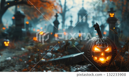A pumpkin with a scary face is sitting on a grave. The scene is set in a graveyard with many graves and a cemetery. Halloween background. 132233908