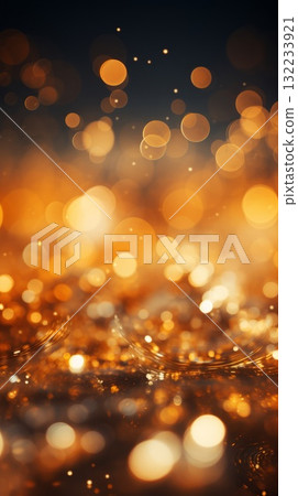An abstract background capturing a city skyline with a glowing amber and orange sky. The lights create a mesmerizing pattern against the dark backdrop 132233921