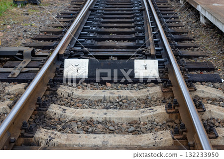 Empty railway track under a blue sky, through nature. Railroad lines. Railway lines closeup, metal rails, railway track. Empty railway track under a blue sky, through nature. Railroad lines. Railway lines closeup, metal rails, railway track. 132233950