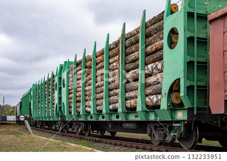 Wagons laden with wood. Railway cars with timber. Timber trading. Freight. Transportation of timber by rail. Wagons laden with wood. Railway cars with timber. Timber trading. Freight. Transportation of timber by rail. 132233951