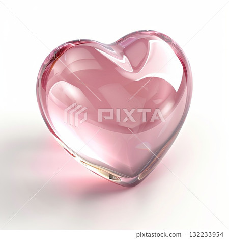 A heart made of glass is sitting on a white background. The heart is pink and he is a symbol of love 132233954