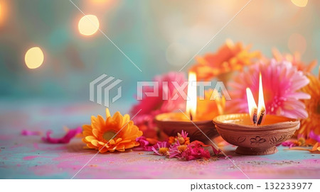 Diya oil lamps and flowers on pink background. Warm and inviting Diwali mood. Copy place Diya oil lamps and flowers on pink background. Warm and inviting Diwali mood. Copy place 132233977