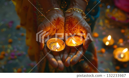 A woman is holding two lit Diya oil lamps in her hands. Diwali, Hindu festival of lights celebration. 132233987