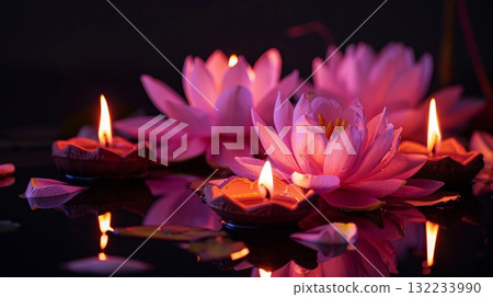 Oil lamps Diya are lit and the flowers are floating in water. A colorful candles and flowers with a warm and inviting Diwali mood. 132233990