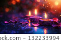 Warm and inviting Diwali mood A colorful display of Diya oil lamps in bowls with a purple background. Copy place 132233994