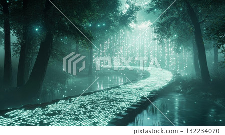 Digital river flowing through pixel forest with glowing binary water and abstract bridges made of light paths 132234070