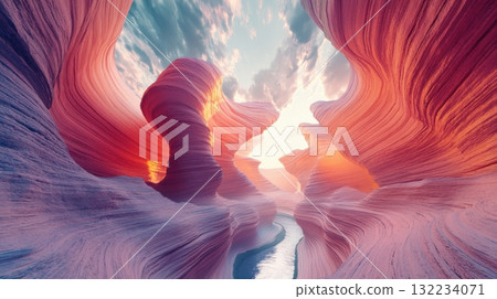 Otherworldly canyon crafted from floating ribbons and liquid stone under a swirling iridescent sky 132234071