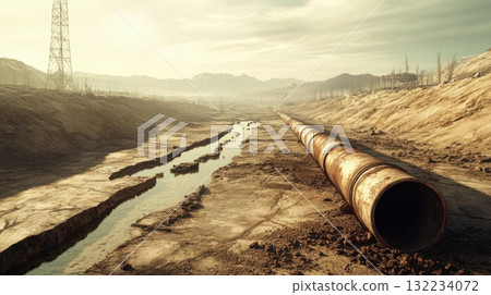 Dystopian wasteland scene with collapsed dam and dry riverbed under ash-laden sky 132234072