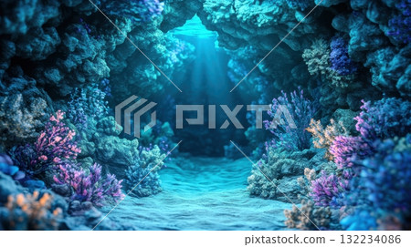 Fantasy underwater cave glowing with bioluminescent corals and crystal formations in ethereal blue and green Fantasy underwater cave glowing with bioluminescent corals and crystal formations in ethereal blue and green 132234086