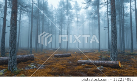 Foggy boreal forest biome with dense trees, logs, and lichen in a mist-filled setting 132234093