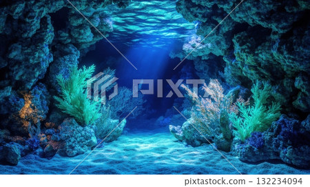 Fantasy underwater cave with glowing bioluminescent corals and crystal formations 132234094