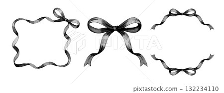 Element set of Black Bows Watercolor hand drawn illustration isolated on a white background Element set of Black Bows Watercolor hand drawn illustration isolated on a white background 132234110