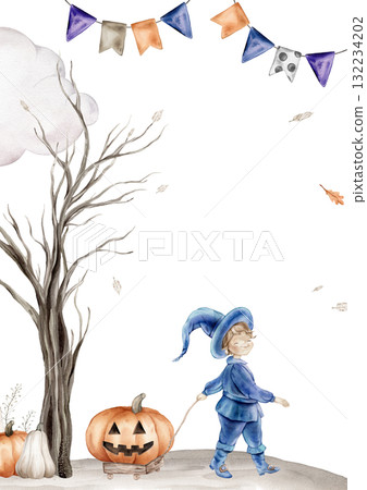 Vertical Halloween Banner or postcard watercolor illustration with wizard in hat with a wooden cart with Pumpkin. Drawing of autumn frame with garlands on isolated background. Border with fall leaves Vertical Halloween Banner or postcard watercolor illustration with wizard in hat with a wooden cart with Pumpkin. Drawing of autumn frame with garlands on isolated background. Border with fall leaves 132234202