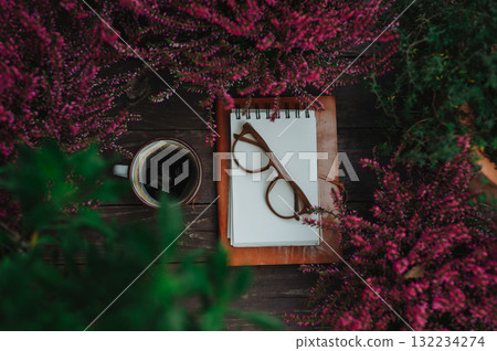 Reading glasses resting on notebook in autumn garden Reading glasses resting on notebook in autumn garden 132234274