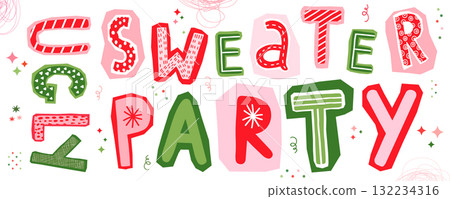 Ugly Christmas Sweater Hand Written Vector Text in Red, Pink and Green for Banners, Invitations and Posters Ugly Christmas Sweater Hand Written Vector Text in Red, Pink and Green for Banners, Invitations and Posters 132234316