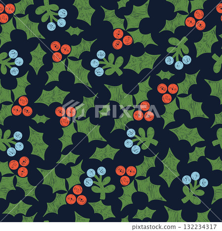 Christmas floral Seamless Pattern. Crayon Festive background with berries, green holly leaves on dark navy. New Year Ornament. Textured Hand-Drawn. Square Vector illustration. Not AI Christmas floral Seamless Pattern. Crayon Festive background with berries, green holly leaves on dark navy. New Year Ornament. Textured Hand-Drawn. Square Vector illustration. Not AI 132234317