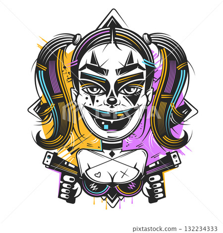 criminal beautiful girl with two guns and flowers peonies. vector illustration with sexy girl, tattoo style. line art. gang weapons. mafia in the mask. criminal beautiful girl with two guns and flowers peonies. vector illustration with sexy girl, tattoo style. line art. gang weapons. mafia in the mask. 132234333
